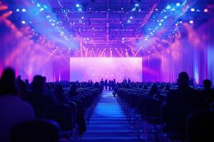 Attendees gather in a large event hall illuminated by vibrant lights, eagerly awaiting a performance. The atmosphere buzzes with anticipation as shadows dance across the audience. photo