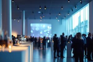 A sophisticated gathering takes place in a contemporary venue. Guests mingle and enjoy drinks while a large projection adds to the ambiance, creating a lively atmosphere for conversation. photo