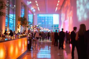 A sophisticated gathering unfolds in a spacious contemporary venue. Guests enjoy the stylish decor, vibrant lighting, and lively ambiance, creating a memorable evening experience. photo
