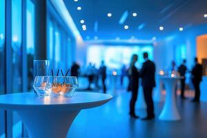 Guests socialize in a contemporary event space illuminated by soft blue lighting. Low tables hold elegant glassware as attendees engage in conversation and networking during the evening event. photo