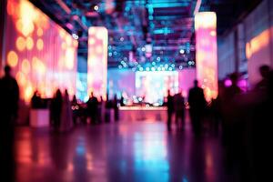Vibrant lights illuminate a busy event space filled with guests mingling and enjoying the atmosphere. Colorful pillars and glowing backdrops enhance the lively scene. photo