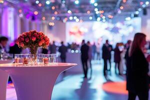 Guests mingle at a lively event featuring beautiful roses on a table and colorful lights illuminating the space. The atmosphere is festive, perfect for networking and celebration. photo