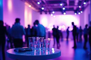 An energetic gathering takes place in a vibrant venue featuring colorful lighting. Attendees dance and socialize nearby a table with glasses of water, creating a lively atmosphere. photo