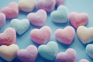 Various pastel-colored heart-shaped candies are scattered across a blue surface, creating a whimsical and cheerful display. The vibrant colors add a playful touch to the setting, inviting sweetness. photo