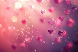 Pink and purple hearts float in a whimsical blur, creating a magical atmosphere. Sparkling light enhances the romantic vibe, inviting feelings of joy and celebration. photo