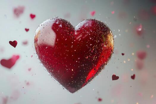 A vibrant red heart floats in the center, surrounded by smaller sparkling hearts, creating a romantic atmosphere against a softly blurred backdrop that enhances the joyful theme. photo