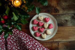 A variety of heart-shaped cookies, some decorated with pink icing and others with a waffle pattern, are artistically placed on a plate. They sit on a wooden table beneath a festive tree. photo