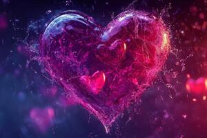 A large heart-shaped splash of water in shades of purple and pink creates a dynamic visual effect. Smaller hearts adhere to the larger form, showcasing creativity and artistic expression. photo