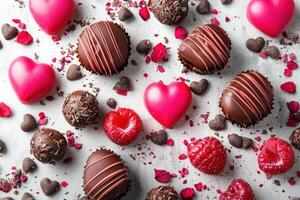 A colorful array of chocolates, including heart-shaped treats and raspberry-flavored confections, is presented on a textured surface. photo