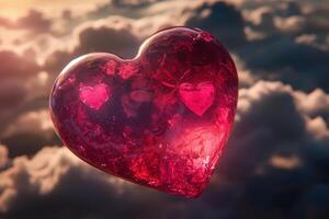 A large, translucent heart-shaped crystal sparkles in vibrant red tones, gently hovering above fluffy clouds. Two smaller heart shapes are visible inside, enhancing the romantic ambiance. photo
