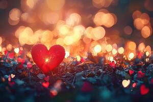 A large red heart glows amidst a field of smaller hearts, creating a romantic atmosphere filled with soft lights and bokeh. This enchanting setting evokes feelings of love and warmth. photo