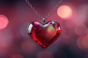 A heart-shaped pendant made of sparkling red gemstone hangs from a silver chain. The background features a soft bokeh effect in shades of pink and purple, creating a romantic ambiance. photo