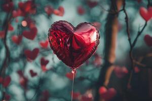 A shiny red heart-shaped balloon hangs gracefully from a thin string, surrounded by blurred tree branches decorated with smaller red heart shapes, creating a romantic atmosphere. photo