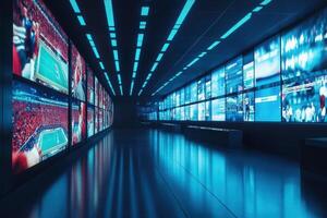 In a modern sports analytics room, multiple high-definition screens display vibrant visuals and data related to various sports activities. The space is designed for analytical discussions. photo