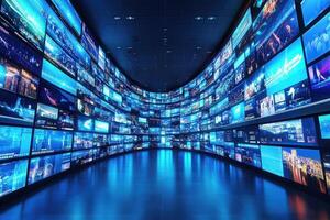 A curved wall filled with large, vibrant screens showcasing a variety of digital content. The modern space features ambient blue lighting, creating a high-tech atmosphere. photo