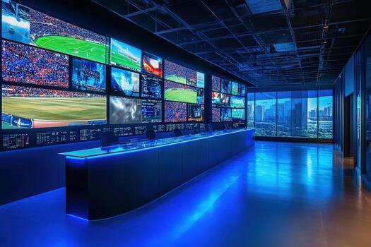 A modern broadcasting control room features an array of monitors displaying various sports events. The sleek design is enhanced by blue lighting and a panoramic city view through large windows. photo
