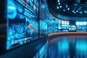 A modern media control room features an array of high-resolution screens displaying digital data and graphics. photo