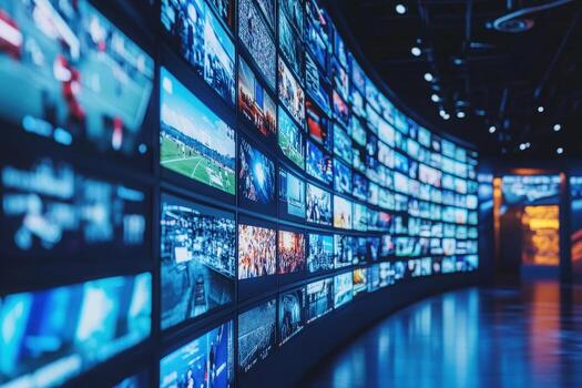 A curved wall filled with multiple screens displays live feeds from different events. The setting features modern lighting and technology, creating a dynamic atmosphere for viewers. photo