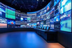 The control room is filled with large screens showcasing different live sports events and data. Several workstations with computers are lined up in front of the display, indicating active monitoring. photo