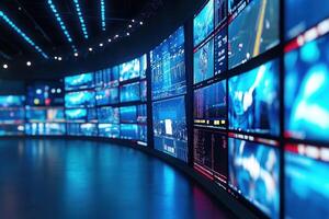 Inside a high-tech control room, large curved screens show live data and analytics. Colorful graphs, charts, and footage highlight various information streams, creating a vibrant atmosphere. photo