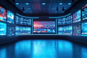 A high-tech monitoring room features multiple screens showcasing live data, graphs, and a large audience view. The vibrant blue lighting highlights the modern design, emphasizing technology. photo