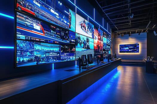 A modern broadcasting studio features large screens displaying various sports events while operators manage the setup. The room is illuminated with blue lighting, creating a dynamic atmosphere. photo