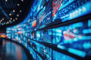 A wall of digital screens fills an expansive interior space, featuring dynamic visuals and vibrant colors. Attendees engage with the technology, immersed in the event atmosphere. photo