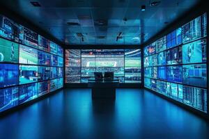 A sophisticated control room features an array of large screens showcasing live data, sports events, and analytics. The space is dimly lit, emphasizing the vibrant colors from the displays. photo
