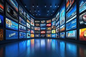 A spacious room with a curved wall filled with numerous screens displaying vibrant digital content. The environment is illuminated, creating an engaging atmosphere for viewers. photo
