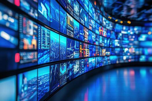 A series of curved digital screens showcase various colorful graphics and data visualizations in a high-tech control room. The ambient lighting enhances the futuristic atmosphere. photo