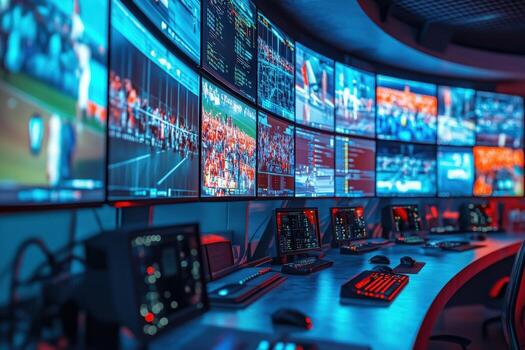 A modern control room equipped with numerous high-resolution screens showing various live sports events and data. Analysts monitor the action while using advanced technology and equipment. photo