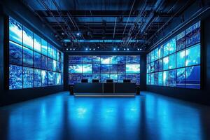 A spacious control room is illuminated by blue lights, showcasing multiple large screens displaying vibrant visual data. The setup suggests a focus on technology and information processing. photo