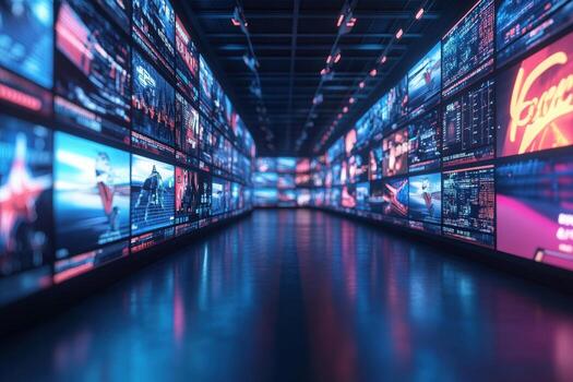 Rows of bright screens line a futuristic hallway, showcasing various images and data. The ambient lighting enhances the vibrant colors of the displays, creating a tech-savvy atmosphere. photo