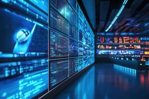 A sleek control room illuminated by blue light features large digital screens filled with data and graphics, creating a futuristic atmosphere. Monitors display various analytics and information. photo