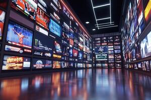 A long wall lined with vibrant digital screens displays various sports events. The rooms sleek design features a glossy floor and bright lighting, creating an engaging atmosphere for viewers. photo