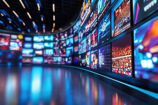 A high-tech media center filled with a curved wall of screens showcasing diverse broadcasts in bright colors. The setting is dynamic, illuminated by ambient lighting reflecting off the floor. photo