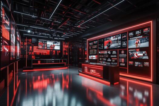 The interior of a contemporary broadcast studio features bright red lighting and multiple screens displaying sports content. It is designed for dynamic interaction and coverage of events. photo