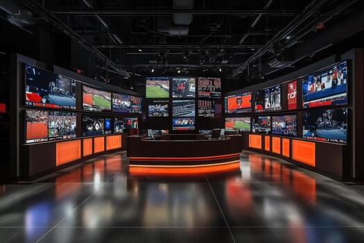 A vibrant broadcast studio features numerous large screens displaying various live sports events. The design is sleek, with soft lighting and high-tech equipment creating an engaging atmosphere. photo