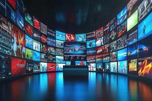 A modern media room features numerous large screens showcasing various types of content such as sports, movies, and music. The space is dimly lit, enhancing the vibrant images displayed. photo