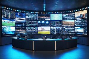 A high-tech control room features numerous screens showing various data, statistics, and live feeds. Operators monitor activities, ensuring everything runs smoothly and efficiently. photo