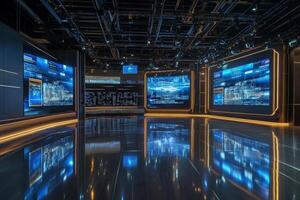 Inside a contemporary broadcast studio, large screens display city data and news. The space features a shiny floor and advanced lighting, creating a vibrant atmosphere for live programming. photo