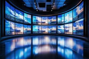 The room features multiple large screens displaying stunning views of a city skyline under a dramatic sky. Bright reflections bounce off the sleek floor, creating an immersive atmosphere. photo