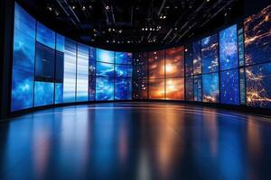 A sleek studio environment showcases an array of colorful screens displaying abstract visuals, illuminated by soft lighting, creating an immersive and dynamic atmosphere for creative projects. photo