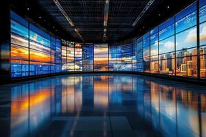 This space features multiple large screens arranged in a semi-circle, displaying vibrant cityscapes and dynamic data visualizations. photo