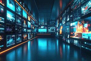 The control room features multiple digital screens displaying vibrant data visuals, charts, and graphics. The environment is sleek with a futuristic design illuminated by ambient lighting. photo