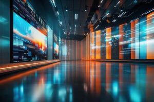 A contemporary studio space designed for presentations showcases vibrant digital screens displaying dynamic visuals. photo