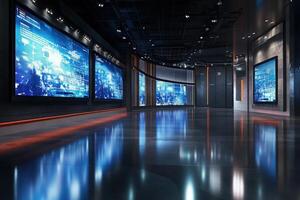 A spacious exhibition area features large screens displaying dynamic digital content. The sleek design and reflective floor enhance the futuristic atmosphere, inviting exploration and engagement. photo