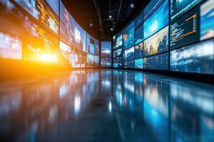 A high-tech environment showcases numerous large screens displaying vibrant data visualizations. The lighting at sunset casts a warm glow on the polished floor, enhancing the modernity of the space. photo