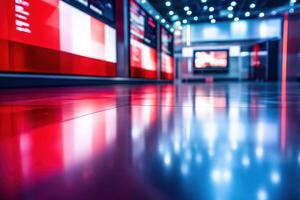 A sleek studio features glossy flooring, bright red and blue lights, and multiple multimedia screens displaying information. The atmosphere is dynamic and high-tech, suitable for broadcasting. photo