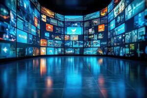 A vibrant digital media wall with numerous screens showcases diverse content in a sleek, modern setting. The room is illuminated with blue hues, enhancing the futuristic atmosphere. photo